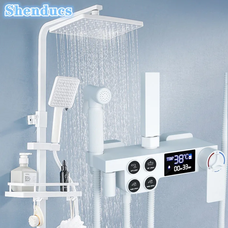 White Digital Bathroom Shower Set Quality Brass Bathroom Mixer Faucets Rainfall Shower Head LED Thermostatic Shower System