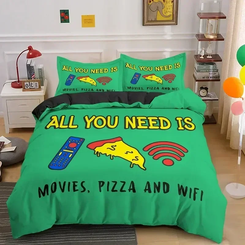 Game Pizza King Queen Duvet Cover Cartoon Gamepad Skateboard Bedding Set Youth Cool Headphone Wifi Polyester Quilt Cover