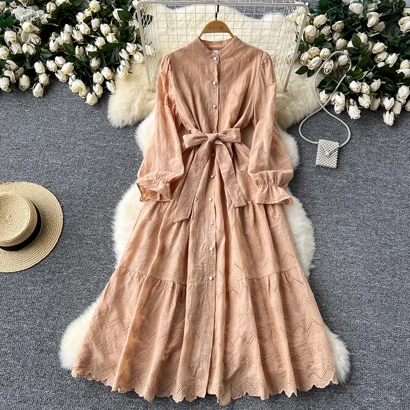 EWQ Fashion Party Long Dress Women Embroidered Lantern Sleeves Belt Gathered Waist A-line Dresses 2024 New Clothing 27C698