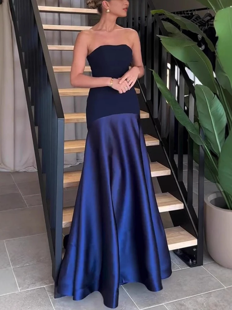 2025年新作夏セクシーレディースドレス　おしゃれな宴会用ストラップレスサテンノースリーブパッチワーク無地上品ワンピース