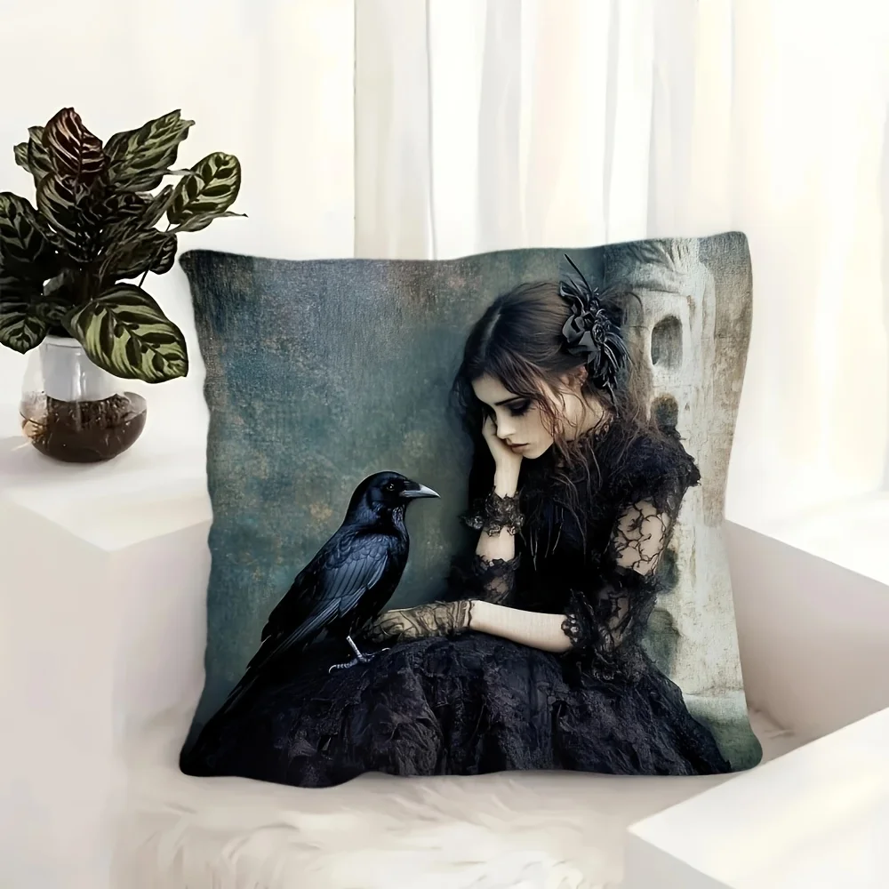 Gothic Girl Pillow Case, Dark Fantasy Raven Cushion Cover, Vintage Victorian Style Home Decor for Sofa Bedroom Living Room Gift