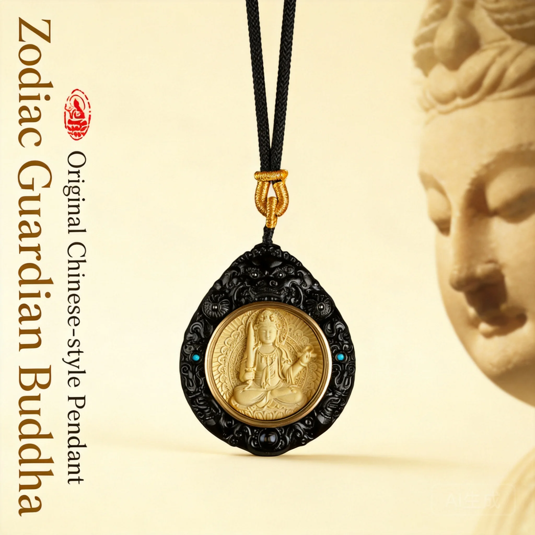 Chinese Style Ebony Wood Manjushri Bodhisattva Pendant Rabbit Zodiac Patron Saint Lucky Blessing Wealth Attracting Teardrop Stac