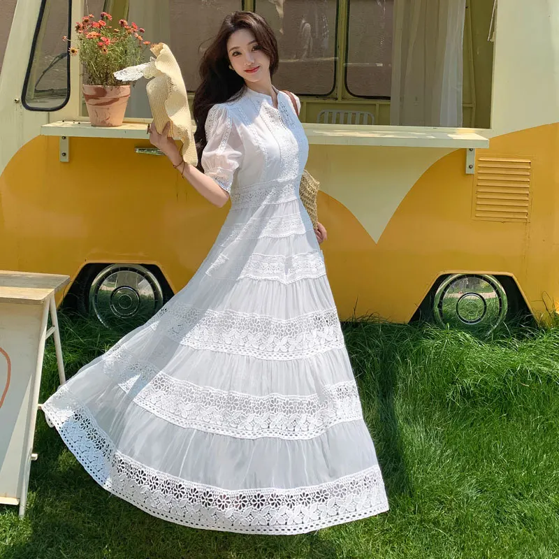 

Белая кружевная юбка с вышивкой, длинная, женская, праздничная, стройнящая, с высокой талией, из смесового хлопка, в китайском стиле