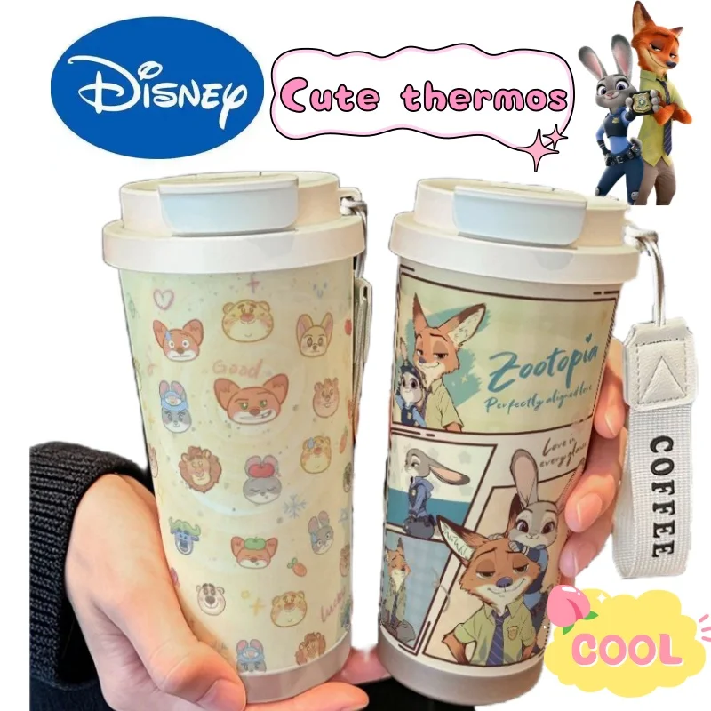 

New Disney Judy Hopps Nick Wilde Anime Cartoon Student Stainless Steel Thermos Cup Straw Double Drink Large Capacity Coffee Cup