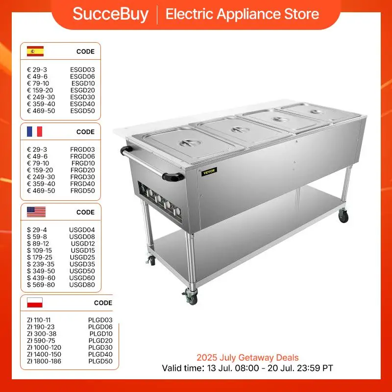 VEVOR-carrito eléctrico comercial de acero inoxidable para Catering, carrito calentador de comida, termostato ajustable de 0-3/4 ℃, mesa de vapor para Buffet, 2/100
