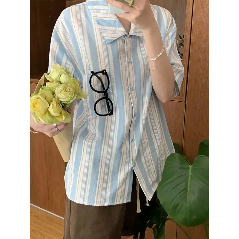 Camisa de verão com bolsos listrados para mulheres, streetwear, simples, retro, ulzzang, todos os jogos, aconchegante, manga curta, chique, ins, na moda