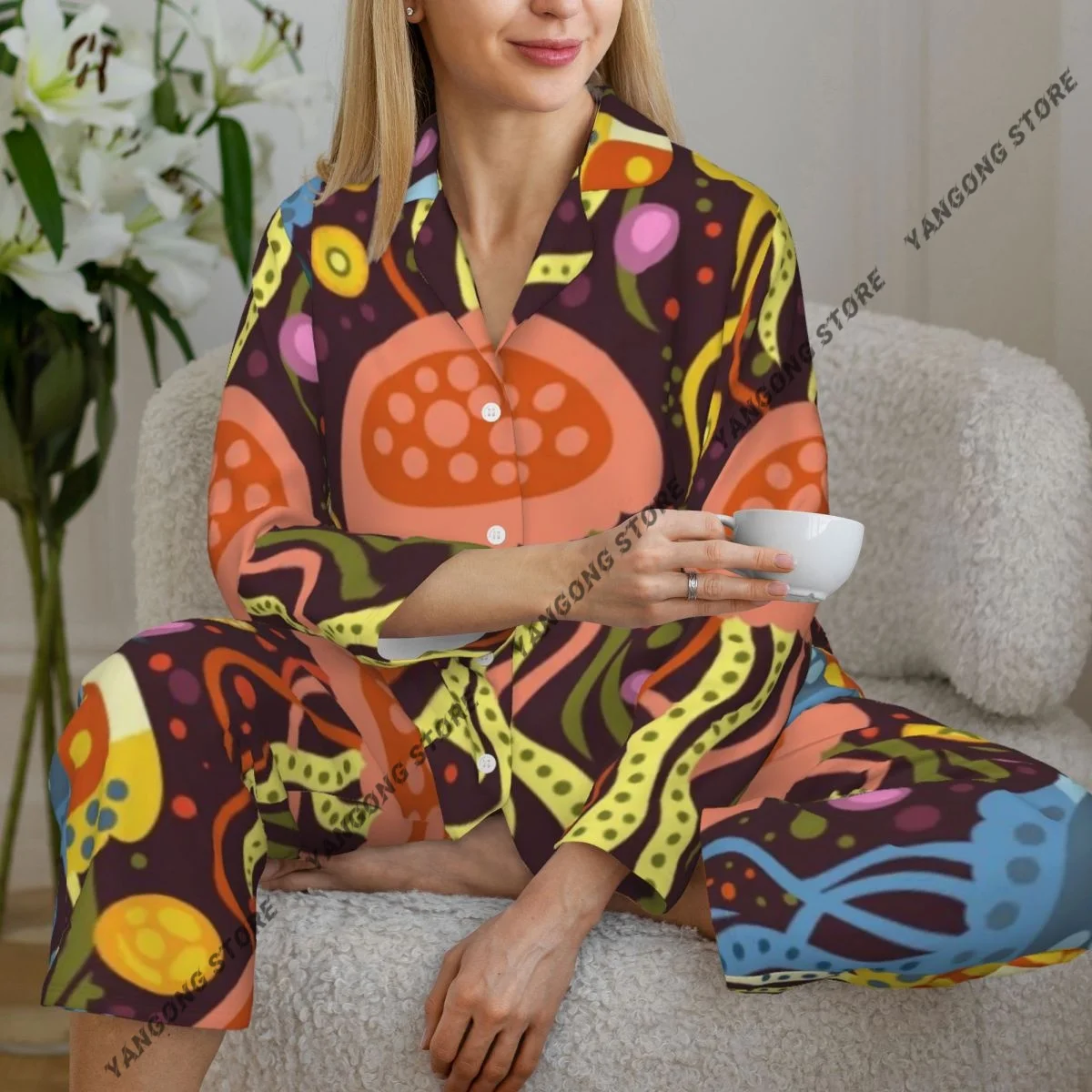 

Женская пижама с цветной медузой, пижама с длинными рукавами, женский комплект, пеньюар, кардиган, костюм