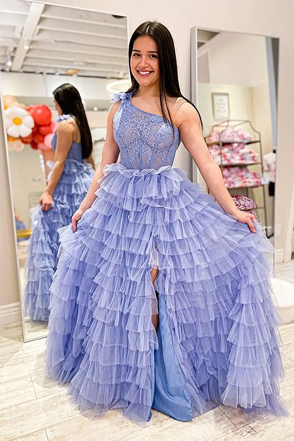 Una linea una spalla A strati lungo abito da ballo in Tulle con spacco Ruffles pizzo pieghettato senza maniche abiti da festa formali abiti da sera