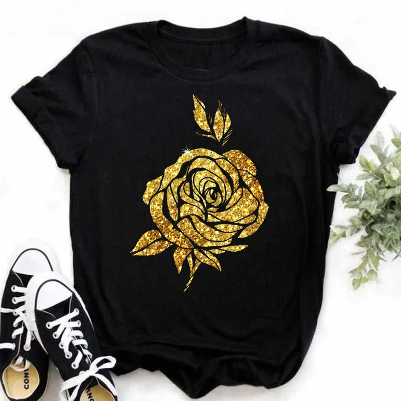 Golden Rose Pure Cotton Printed Men's and Women's Fashion Trend T-shirt Summer New Personalized Round Neck Loose Casual T-shirt
