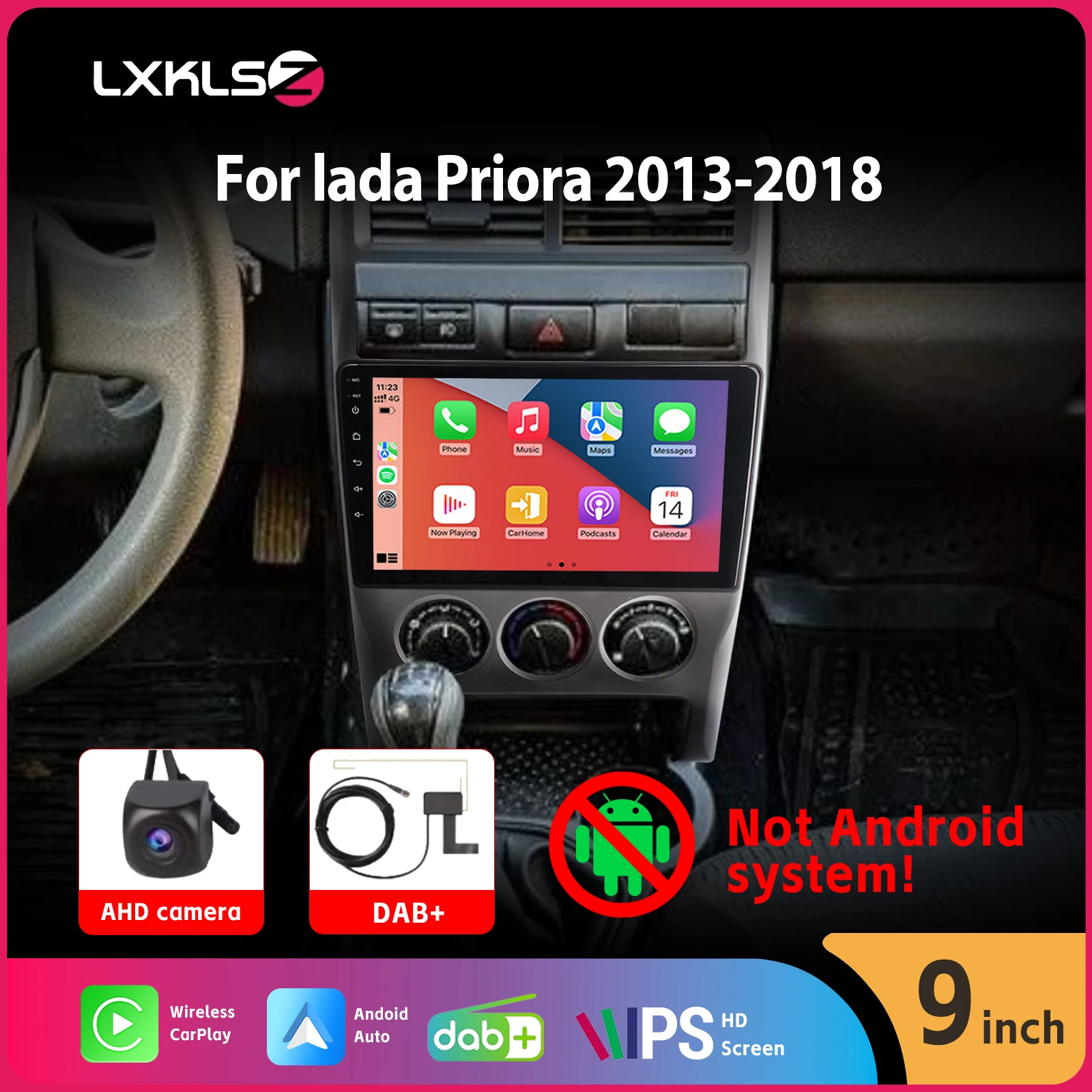 

Car Radio with Wireless Carplay Android Auto AHD Rear View Camera DSP 9" IPS Touch Screen DAB+ BT SWC for lada Priora 2013-2018