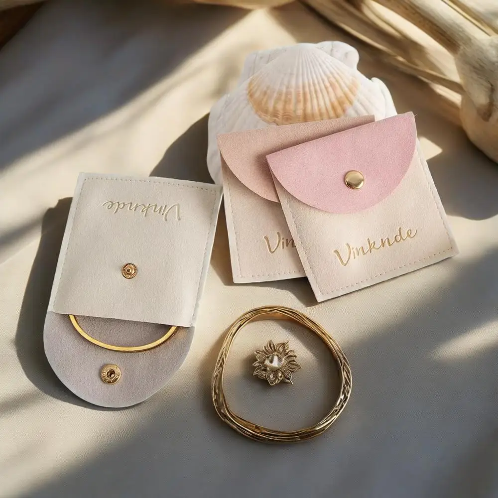 

Cream Beige Microfiber Packaging Snap Pouches Custom Logo Makeup Earrings Rings Trinkets Storage Button Bag Best Gift For Women