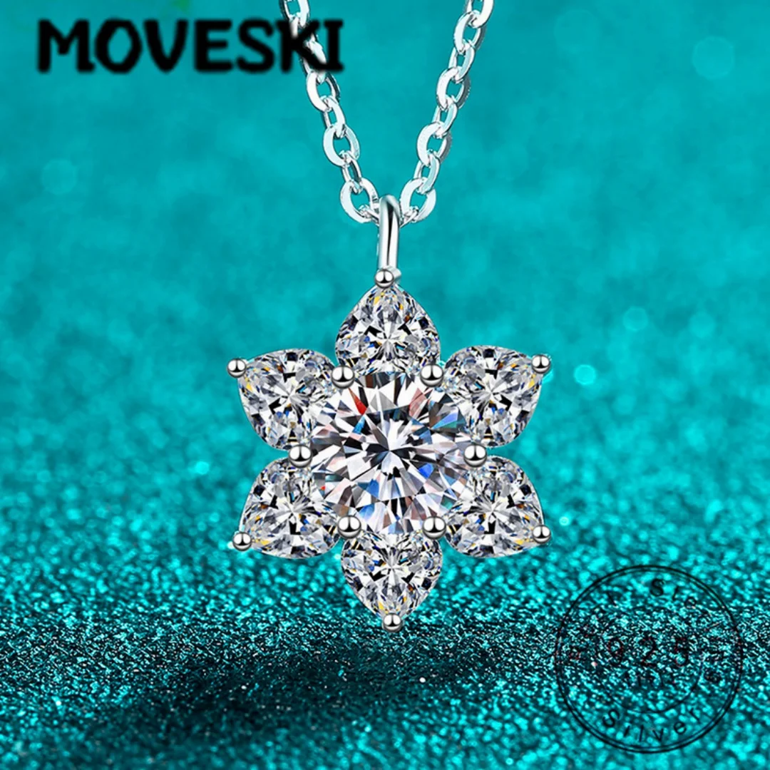 

MOVESKI 925 Sterling Silver 2.8CT Snowflake/Flower Shape Moissanite Pendant Necklace for Women, Romantic Wedding Bridal Jewelry