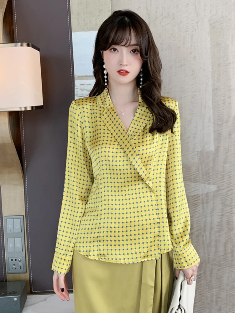 Satin Shirts For Women Plaid Pint Yellow Pullover Long Sleeve Blouse Femme Fashion Elegant Office OL Business Work Spring Autumn