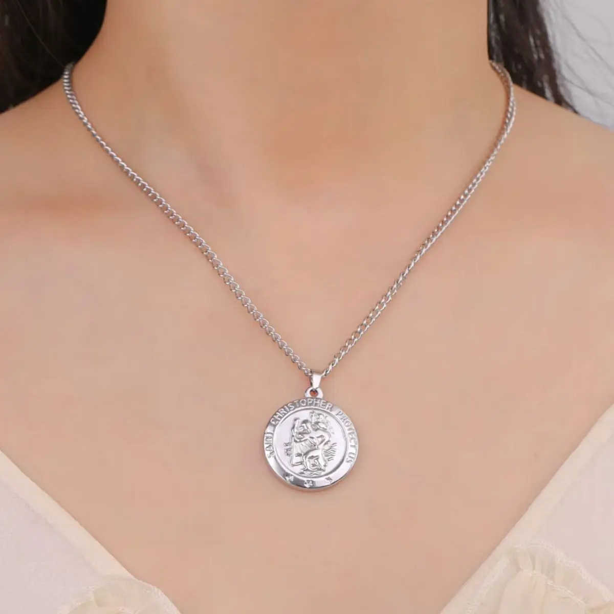 قلادة من الفولاذ المقاوم للصدأ سانت كريستوفر حمايةنا عملة قلادة قلادة سلسلة خمر للرجال النساء القلائد العقلية الهدايا