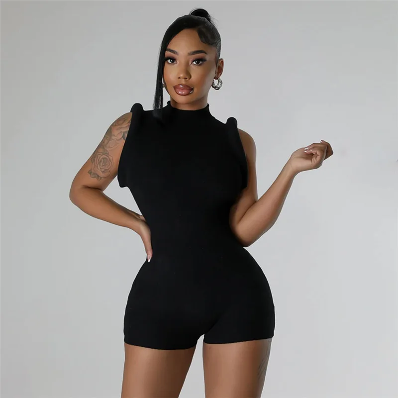 

Women Solid Black Ribbed Playsuits 3D Padded Shoulder O-neck Sleeveless Zipper Back Slim Casual Summer Rompers Street Overalls