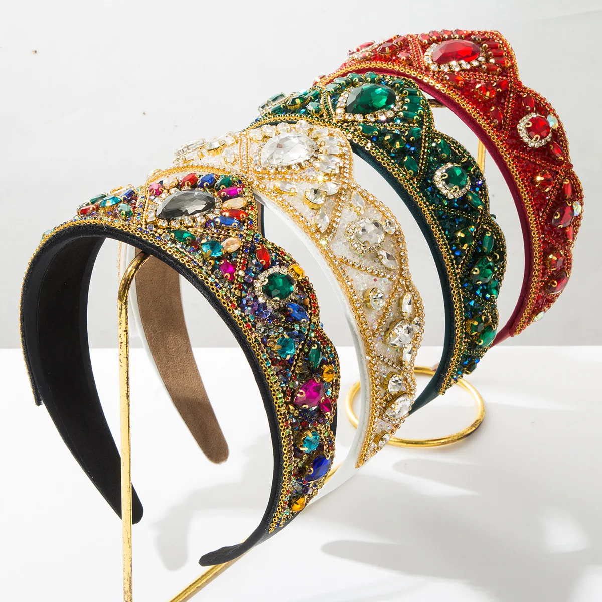 Baroque Crystal Padded Headband Full Colorful Gemstone Woven Hairband Luxury Statement Crown Party Hair Aesthetic Accessory