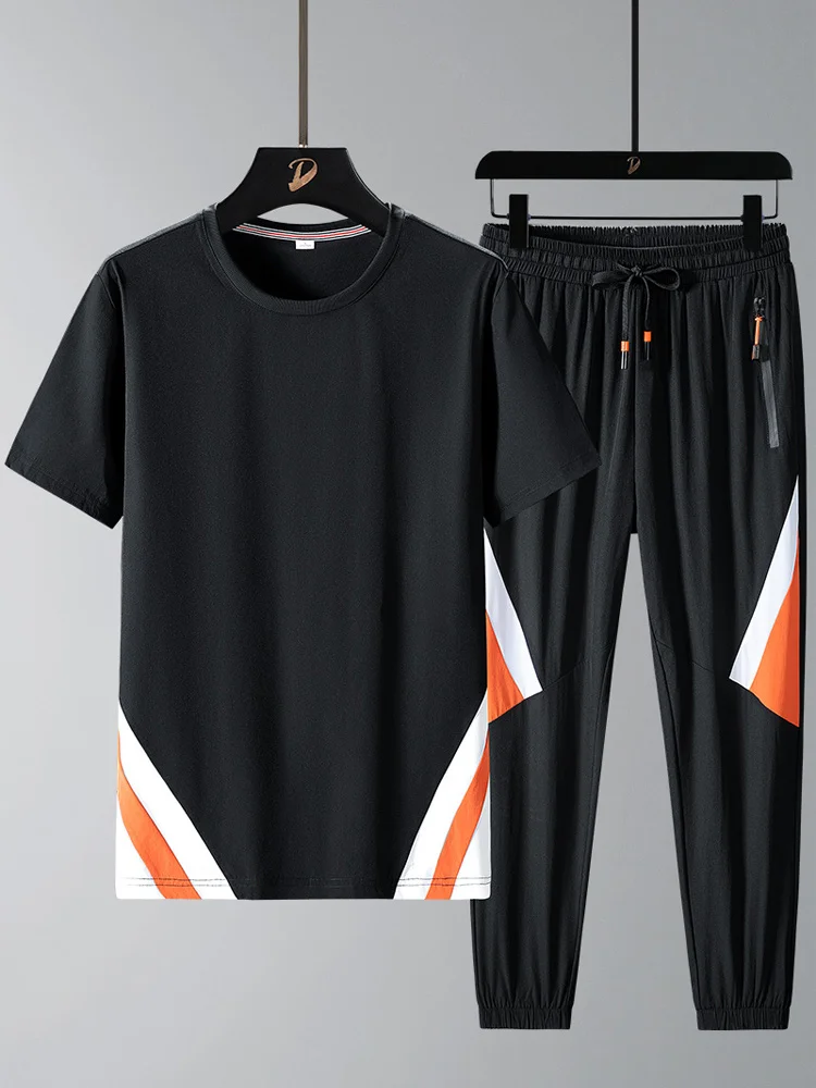 

2 2023 New Men's Piece Sets Plus Size Tracksuit Streetwear Fashion Patchwork T-shirts+Pants Quick Dry Casual Sweat Suits 8XL