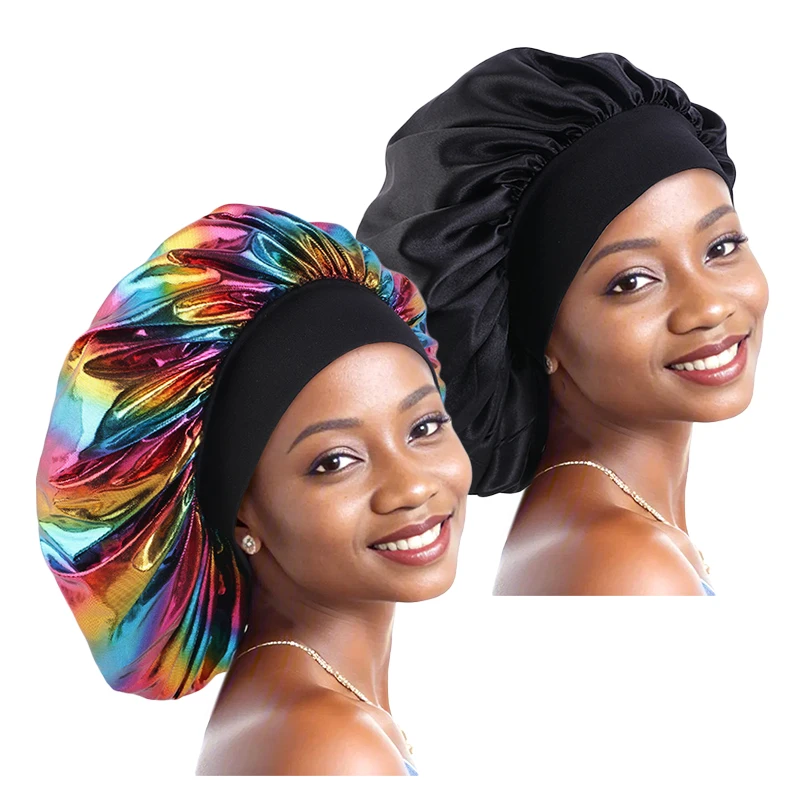 2PCS/LOT Women Laser Satin Bonnet Large Wide-Brimmed Muslim Cap Sleeping Hat Double Layer Head Cover Long Hair Care Head Wrap