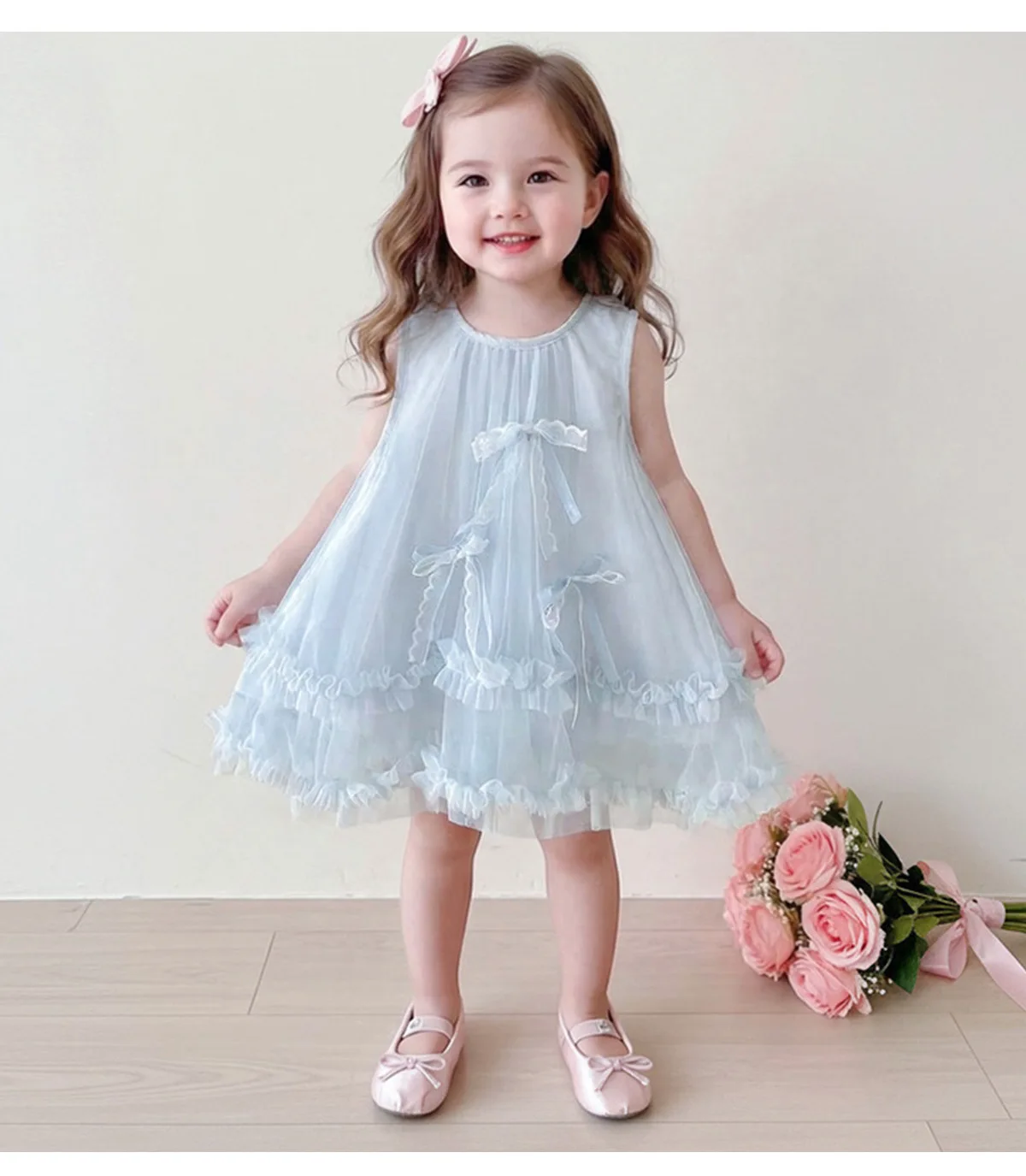 Mädchen Schleifenkleid 2026 Sommer Neu Süßer Westlicher Stil Mesh Prinzessinnenkleid Mädchen Feen-Stil Trägerkleid