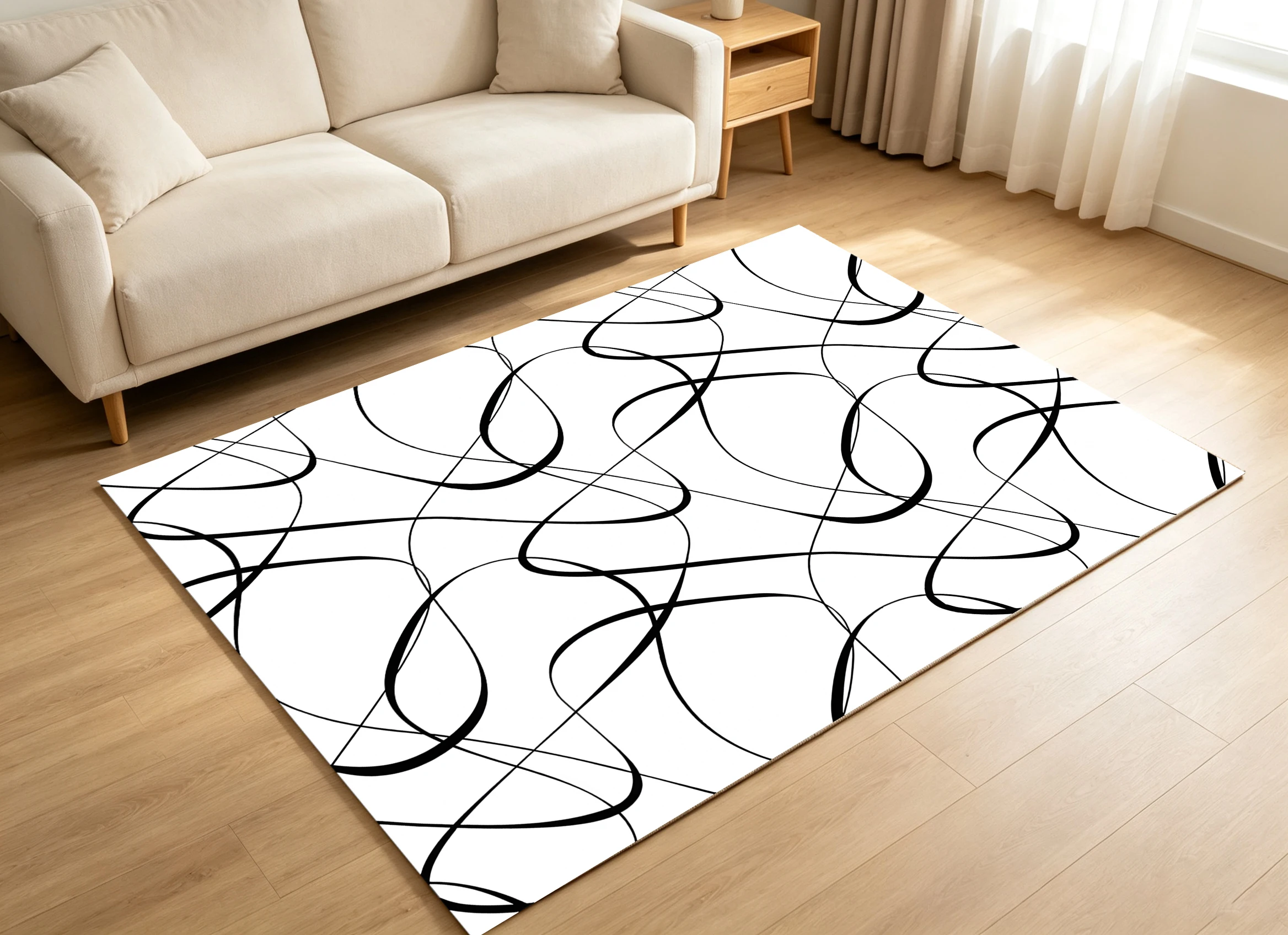 2D Large Carpet Black White Art Flowing Curve Minimalist Modern for Living Room Coffee Table