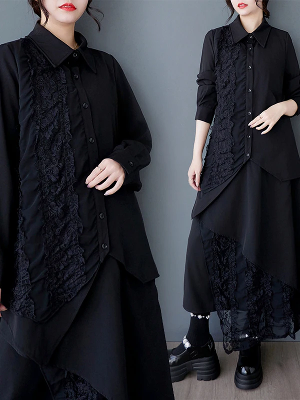 Spring Autumn 2025 New Sle k Loose Artistic Heavyweight Lace Trim Splicing irt Top f-length Skirt Irregular Hemline