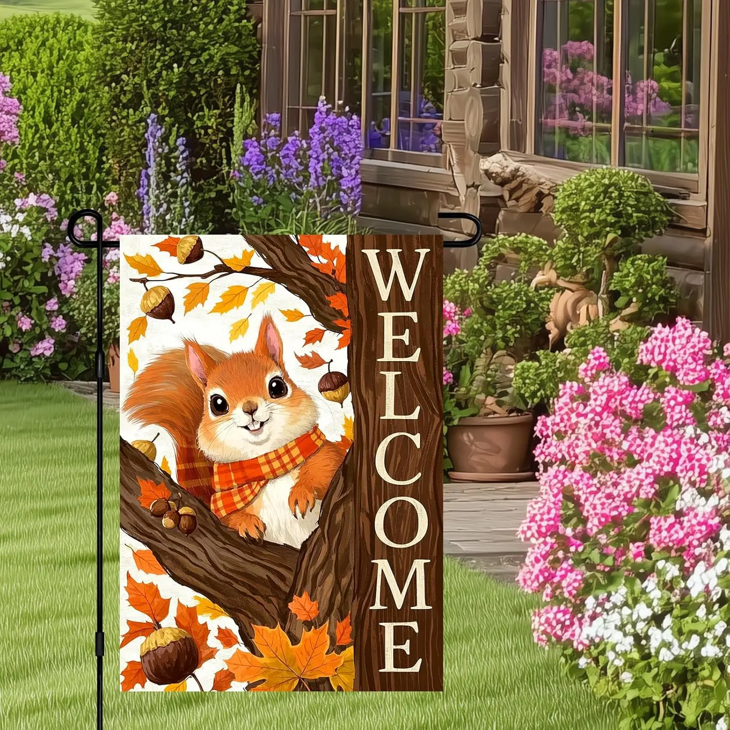 Fall Welcome Garden Flag Double Sided 12x18 Inch Autumn Squirrel Yard Flag Cute Acorn Leaf Garden Banner Rustic Fall Garden  hhz