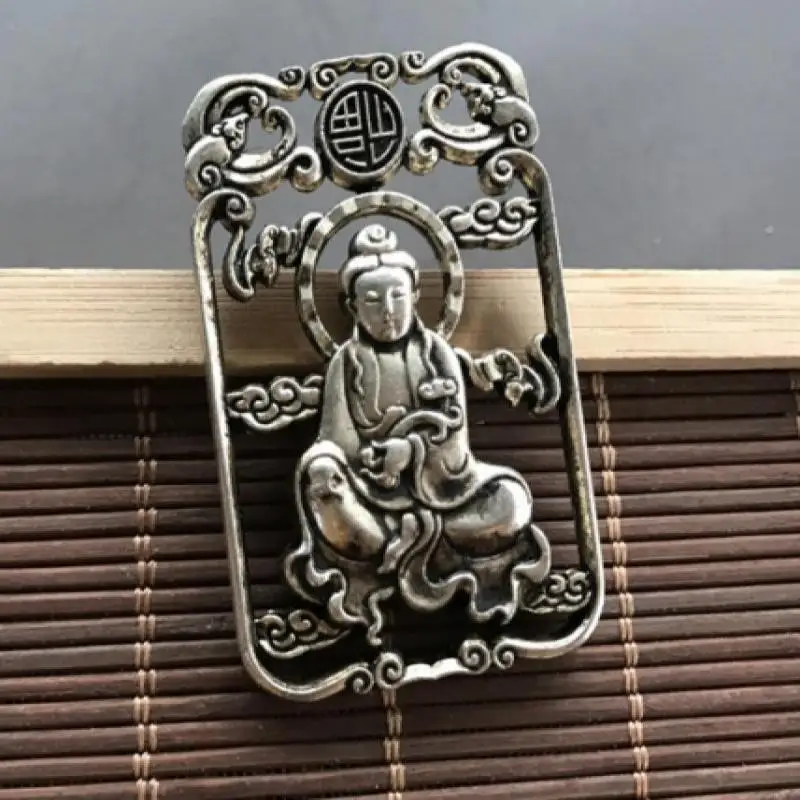 China Decorated Wonderful Miao Silver Carving Rare Kuan-Yin Amulet Statue