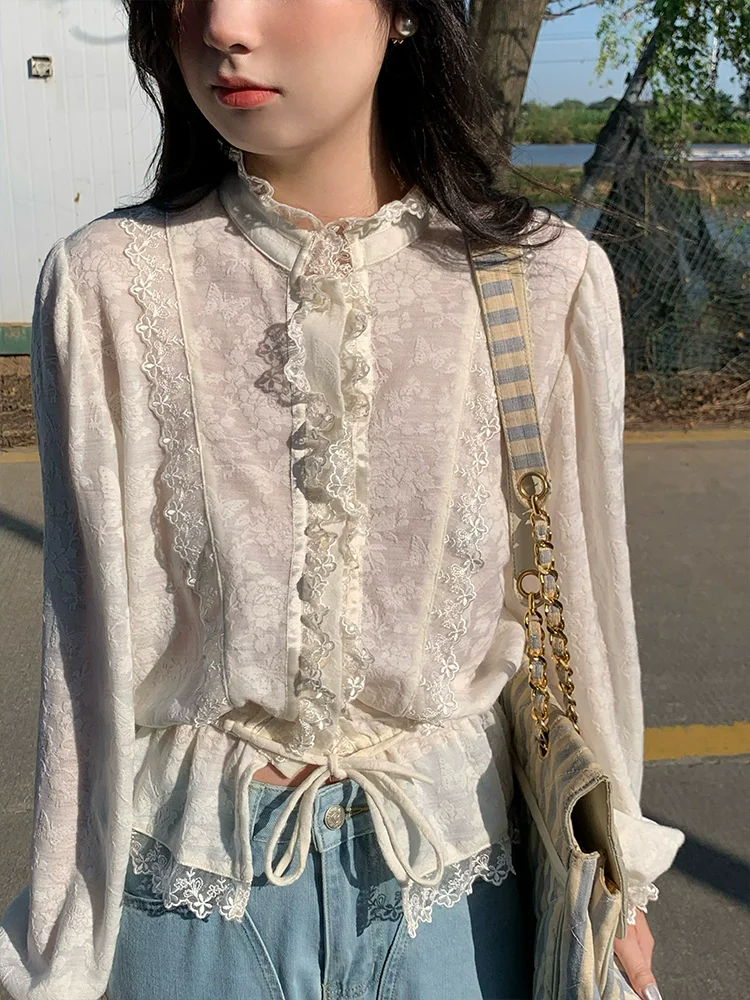 

Spring Autumn Women Exquisite Butterfly Jacquard Lace Patchwork Woolen White Shirts/blouses