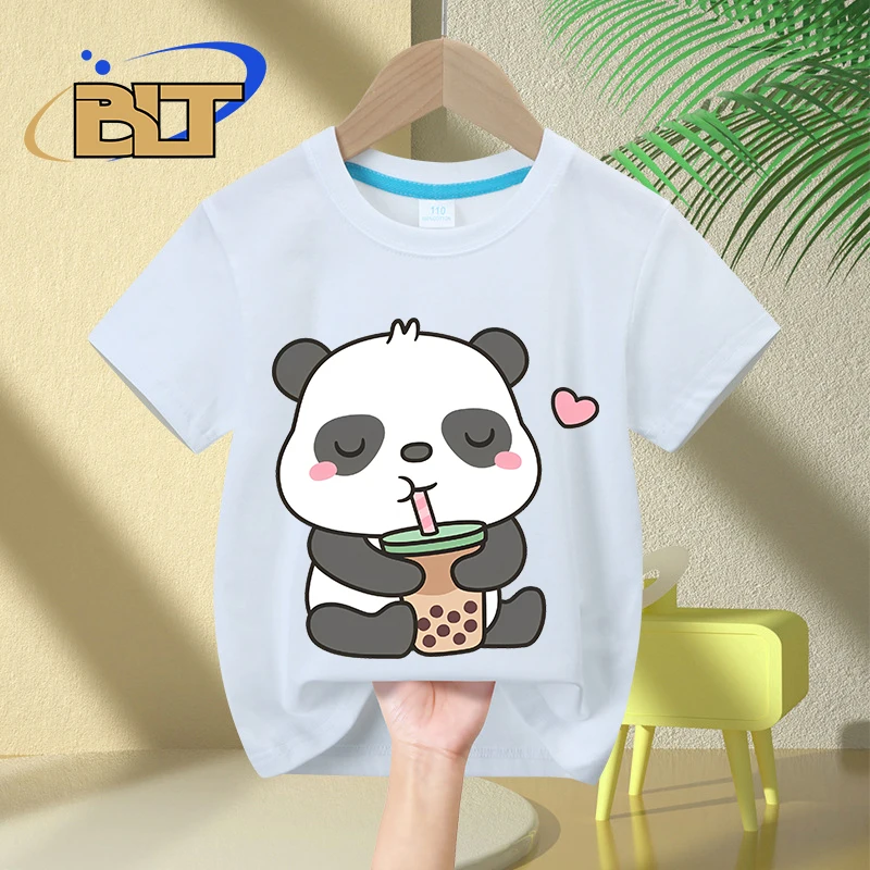 

Cute Little Panda Enjoying Boba Tea printed kids T-shirt summer pure cotton short-sleeved casual tops for boys and girls