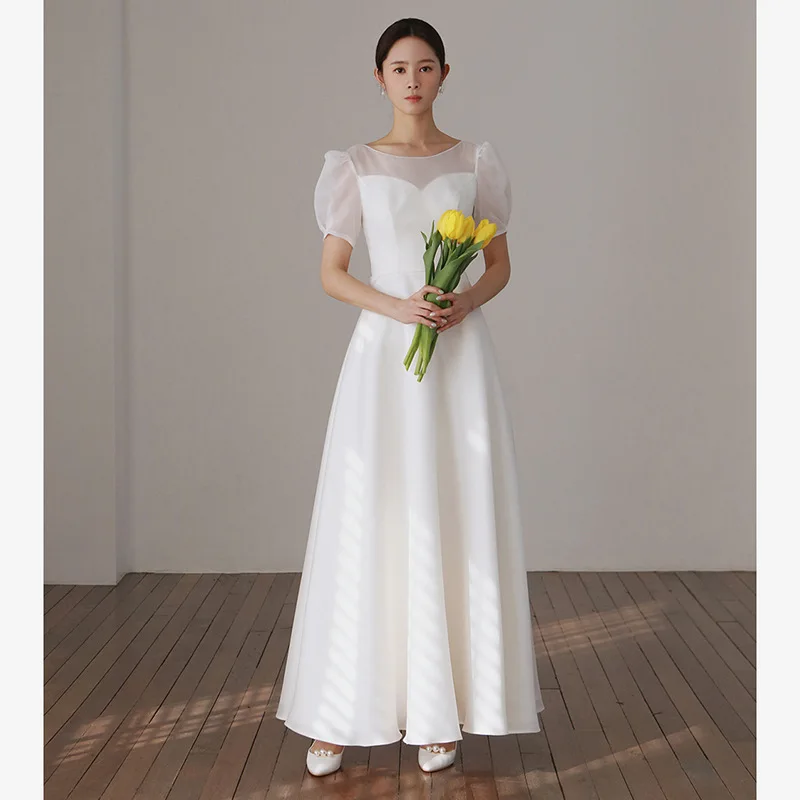 

Korea Style A-line New Design Ivory Ankle-Length Wedding Dress O-Neck Backless Organza 웨딩드레스 A-Line Backless vestidos de novia