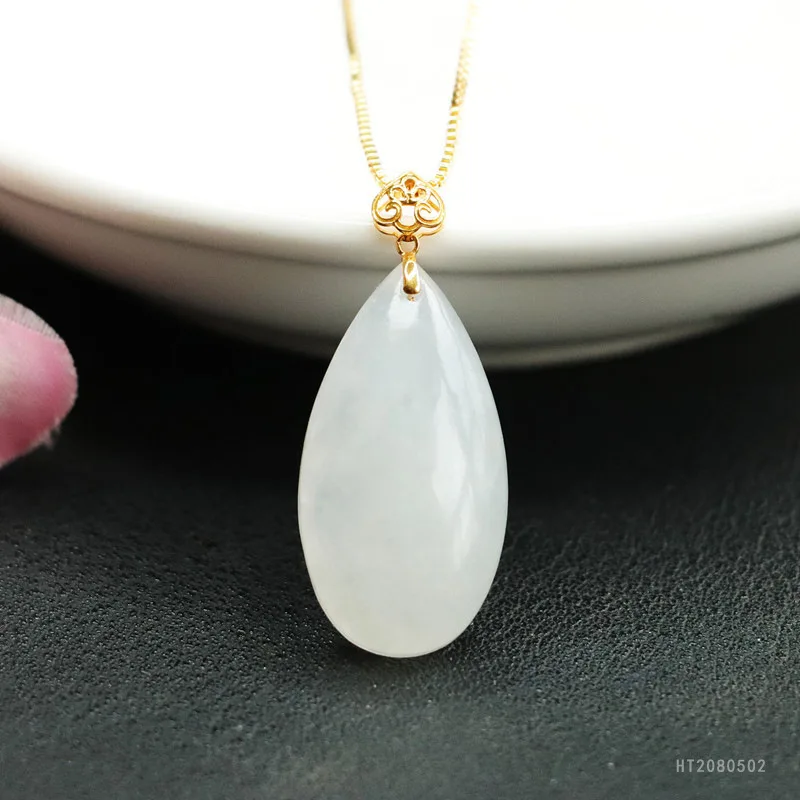 

18K Gold Teardrop Pendant Natural White Hetian Jade Elegant Necklace HT2080502