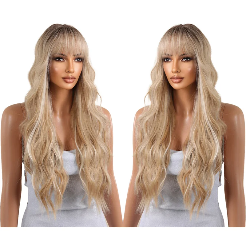 

Balayage Brown Blonde Long Wavy Wig with Bangs Dark Root Ombre Looking Heat Resistant Synthetic Wig for Women Daily Party Use