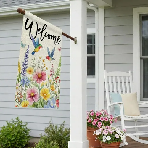CROWNED BEAUTY Spring House Flag Floral Hummingbirds Double Sided 28x40 Inches ZZY