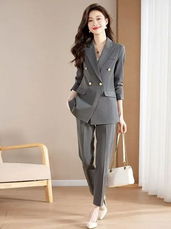 

Элегантный черный костюм с длинным рукавом для женщин: новая модель для весны и осени, профессиональная одежда, униформа для студентов и работы, полиэстер.