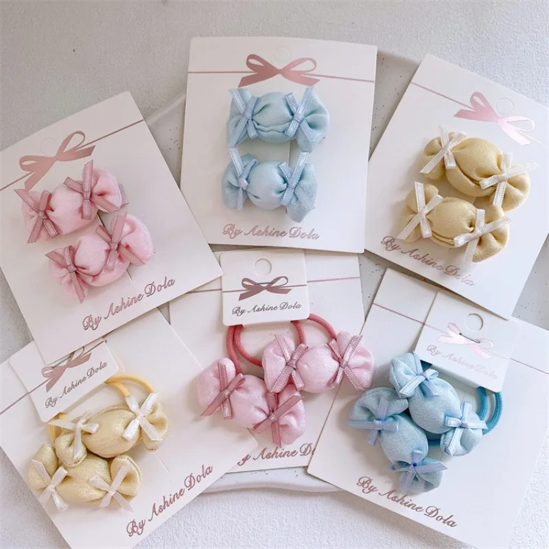 

Cute Solid Color Fabric Bow Barrettes Hair Ties Candy Tone Elastic Ponytail Holders Side Bangs Clips No Crease Lightweight Daily