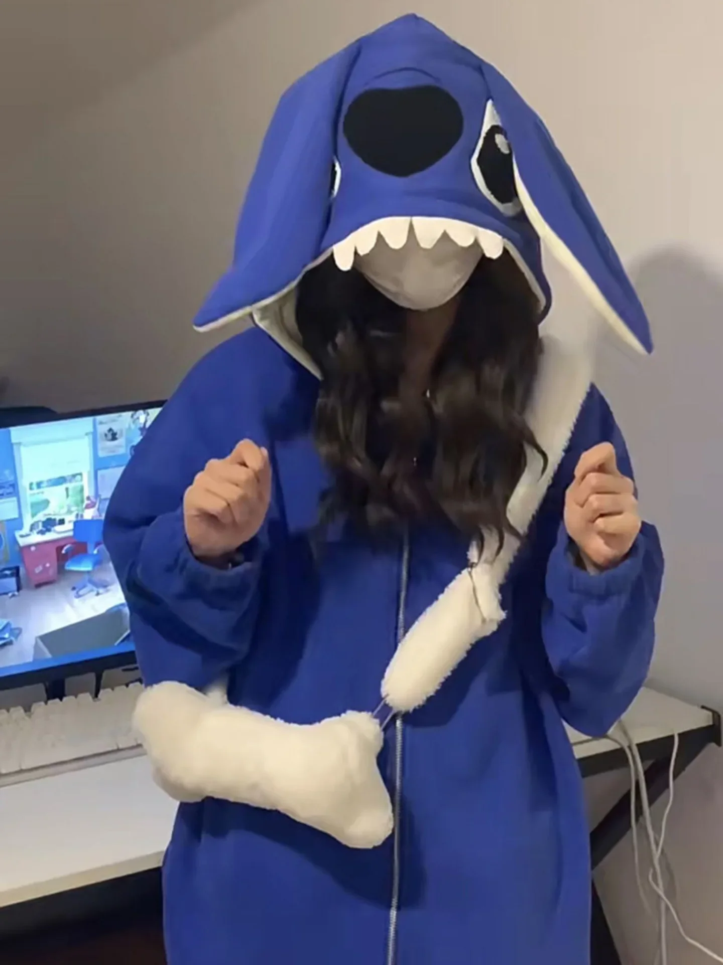 جاكيت بهودي مبطن بالصوف برسومات كرتونية ، توب سميك فضفاض ، طراز خامل ، تطريز متوسط الطول ، جديد ، الخريف والشتاء ، #2