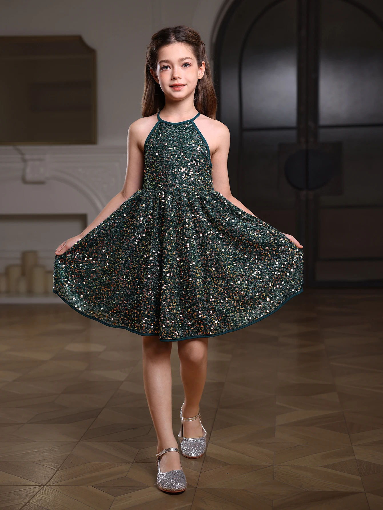 Elegant Girls Halter Neck Sequin Dress Versatile & Cute Dress Perfect For Weddings, Banquets, Birthdays,Season Party & More