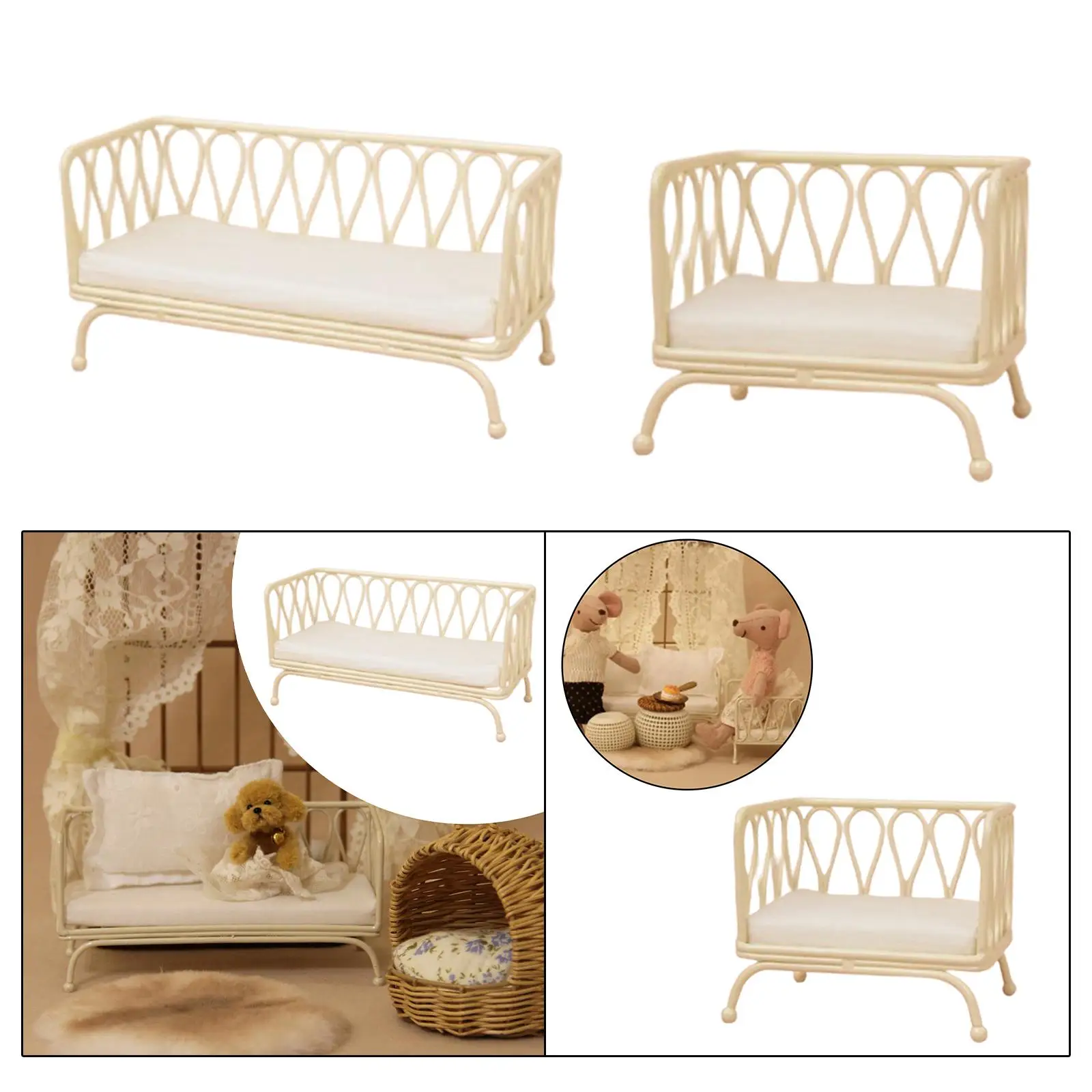 Simulação de micro paisagem de cena de vida de móveis em miniatura de sofá em escala 1/12