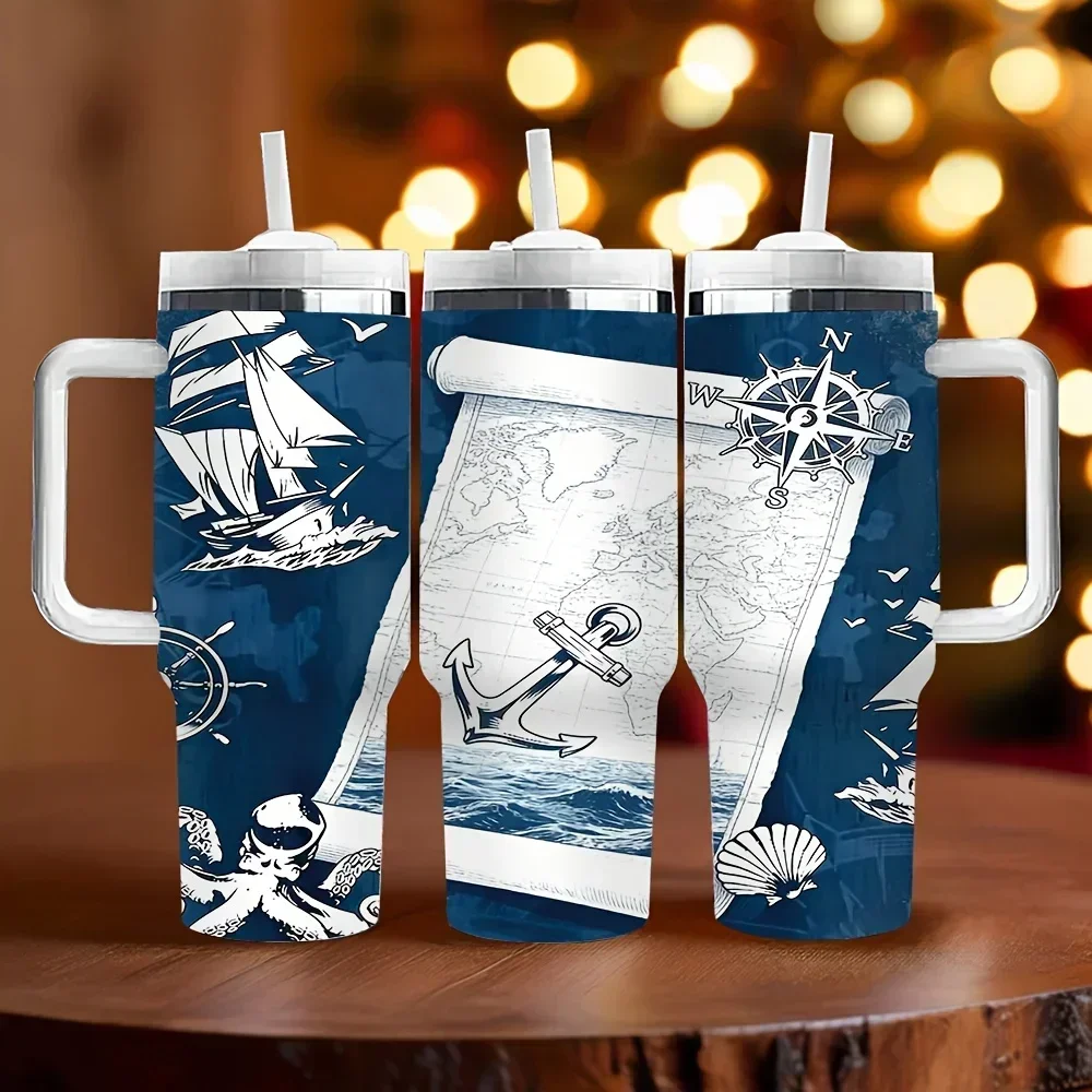 40oz Insulated Tumbler with Handle, Printed with Nautical Sailing Elements, Great As Holiday Birthday Gift, Suitable for Daily Use Outdoor Travel And Keeps Drinks Temperature Long Time