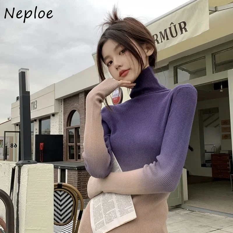 Neploe Harajuku Simple Gradient Purple Pullovers Y2k Long Sleeve Knitted Sweaters 2024 Spring New Bottoming Tops Women