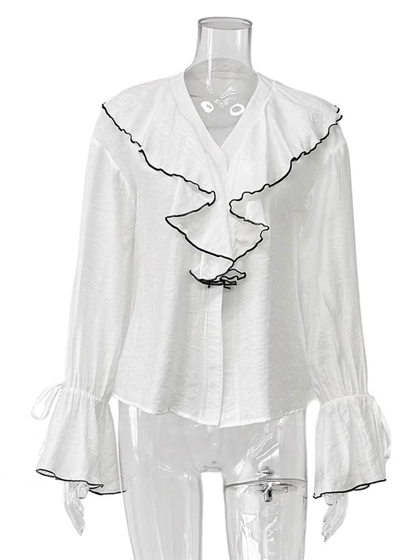Parc Fee mode ample blanc bureau femmes chemise 2025 décontracté col en v à manches longues chemise élégante volants haut rigide femme vêtements