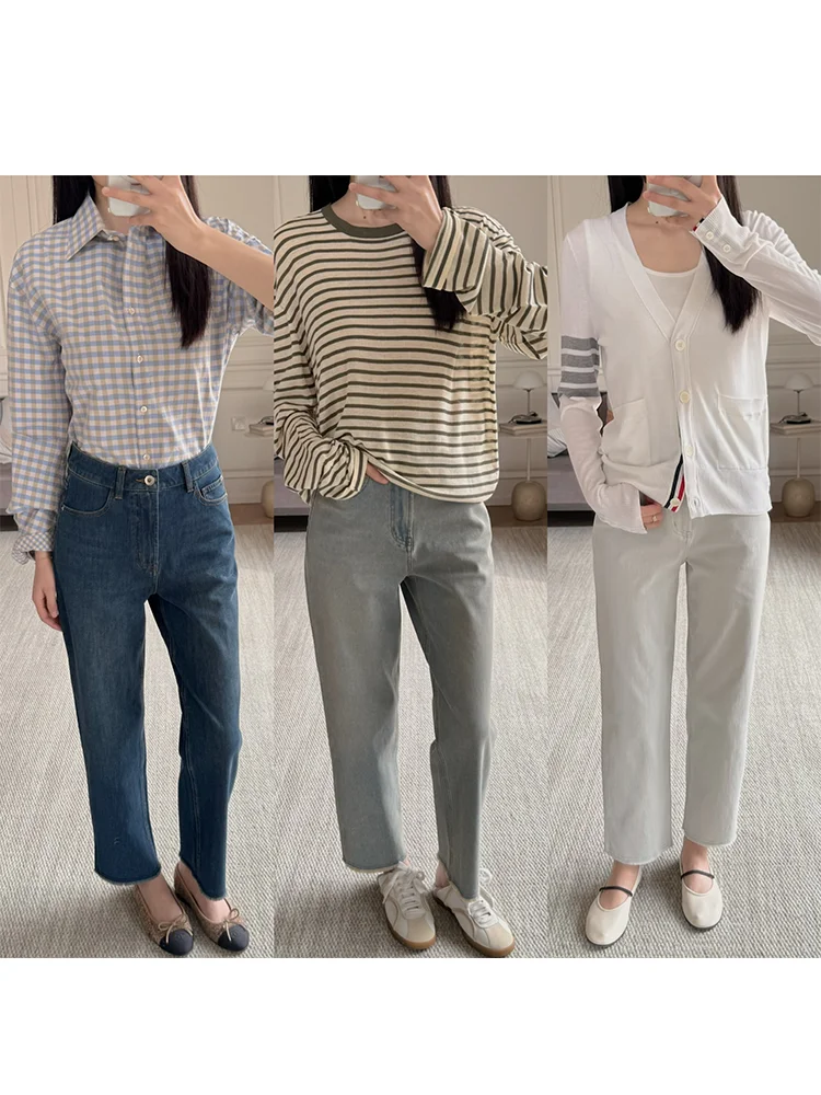 

Женские джинсы Slim Fit с высокой талией из хлопкового денима, легкие, прямого кроя, укороченные, с рваными краями, в французском стиле, повседневные
