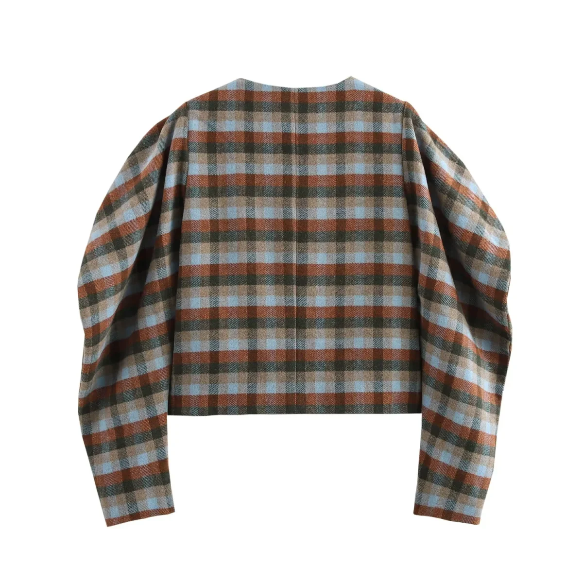 European and American style new round neck double-breasted loose color-blocked woolen plaid jacket