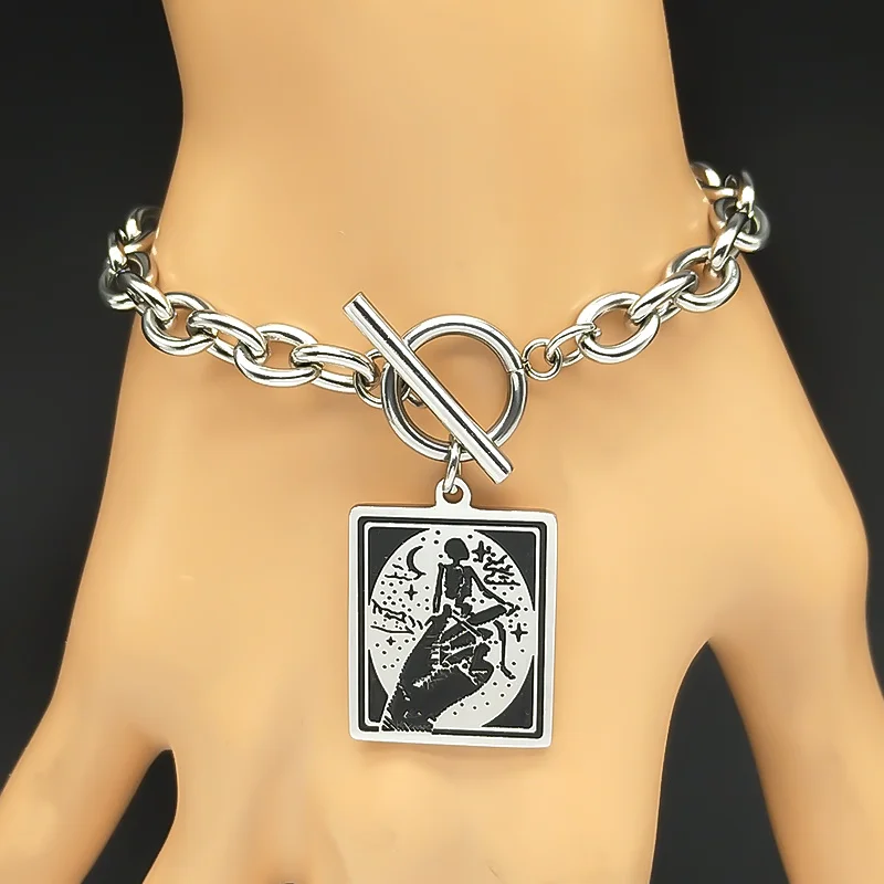 Magic Hand Skull Moon Bracelet for Women Men Stainless Steel Silver Color Halloween Square Hand Chain Jewelry Gift