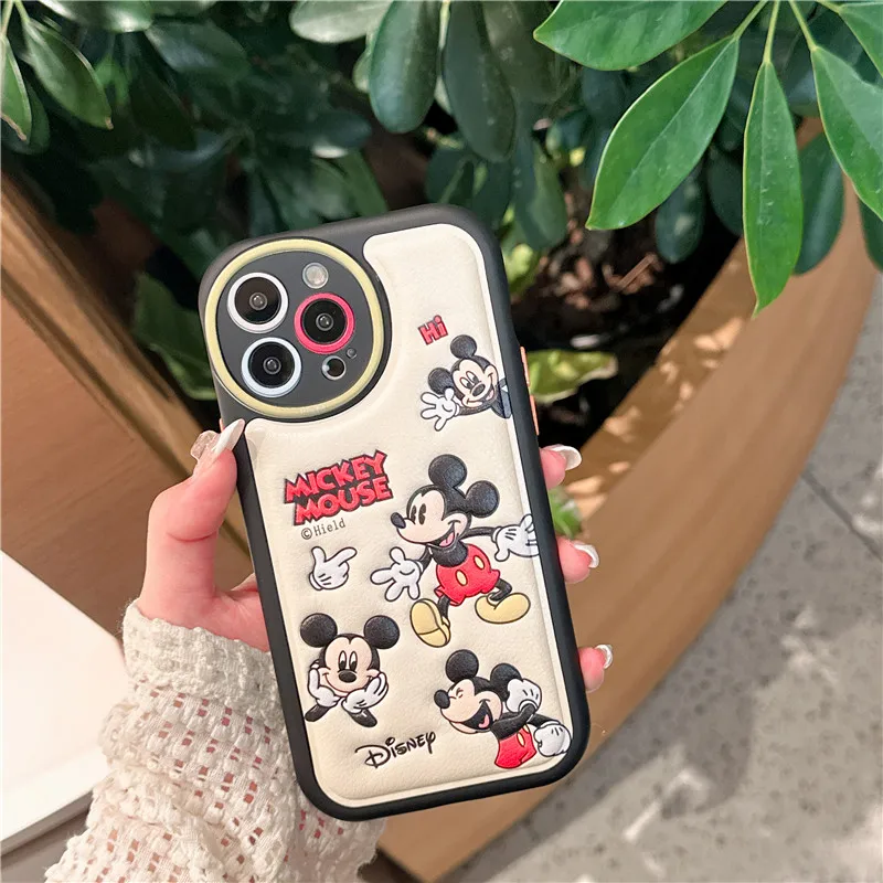 New Disney Gift Mickey Mouse Leather embossing Cover for iPhone 16Pro 11 12 13 14 15 16 Pro Max 15Plus Genuine squirrel Cover