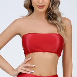 Glossy Shiny Strapless Crop Tube Top Rave Bra Tank Top Tshirt Pink Black White Red Fluorescent Purple Blue Brown