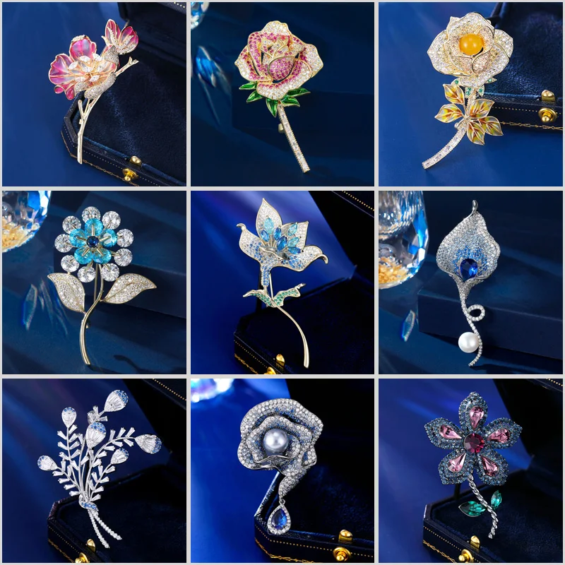 Light Luxury High-grade Blue Rose Brooch Fashion Colored Micro-inlaid Zircon Corsage Painted Begonia Flowers Pin Accessories