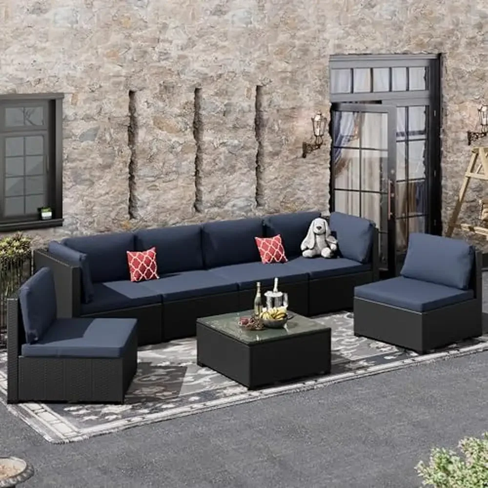 Outdoor PE Rattan Sectional Sofa Set Blue Cushion 7-Piece Patio Furniture All-Weather Steel Frame Comfortable Design Suitable