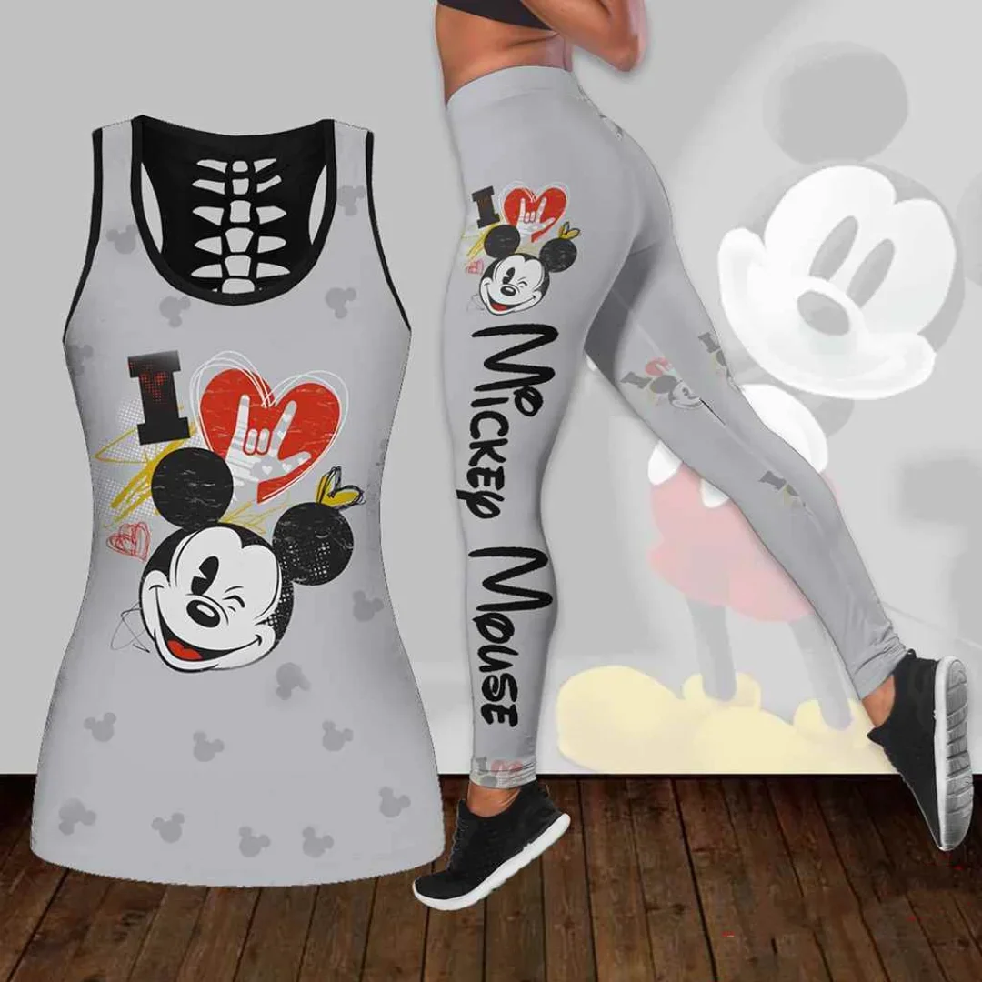 2024 New Mickey Mouse Women\'s Hollow Vest + Women\'s Leggings Yoga Suit Fitness Leggings Sports Suit Disney Tank Top Legging Set