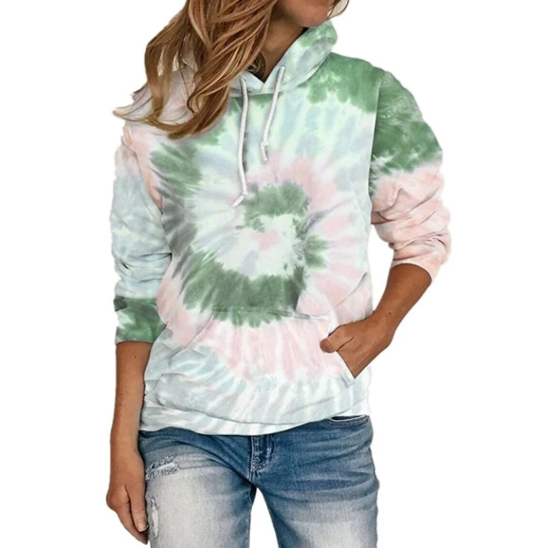 Women Vintage Tie-die Print Hoodies Fashion Casual Zip Up Long Sleeve Loose Jacket Coats Hooded Sweatshirts Y2k Streetwear